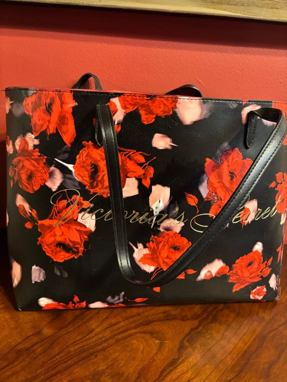 Victoria's Secret Black Tote, Overnight bag with Red Floral Print.🌹
